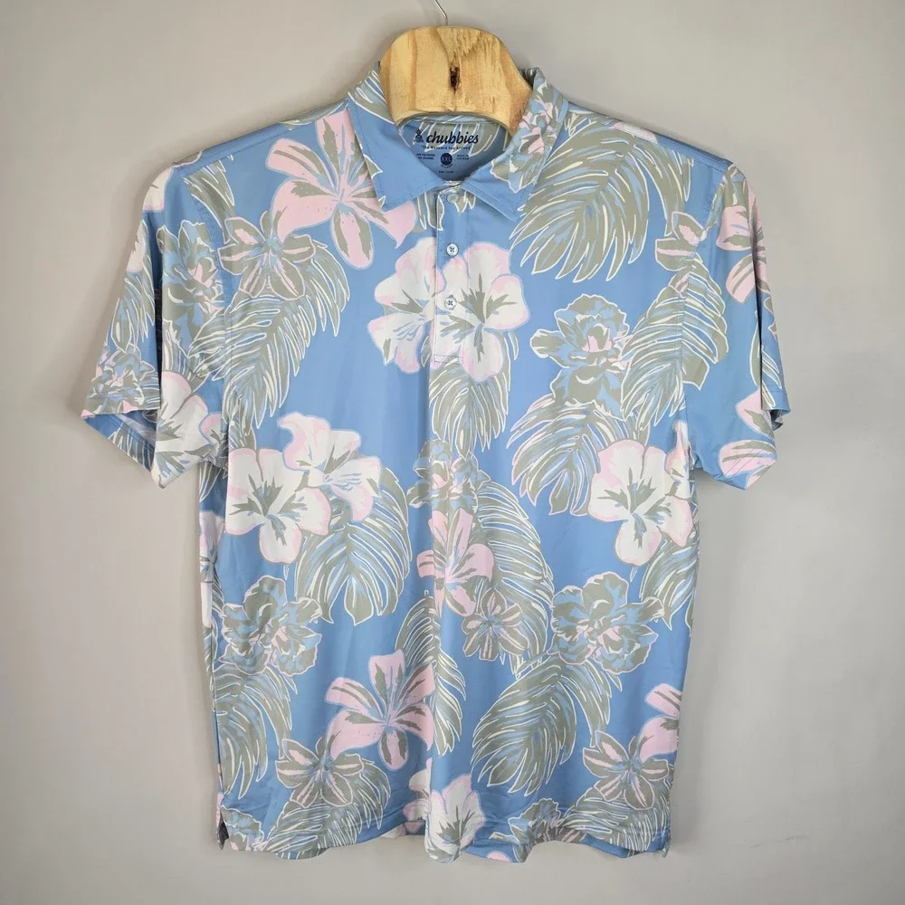 Chubbies Mens XXL Performance Polo‎ Shirt Blue Tropical Floral Hibiscus Stretch